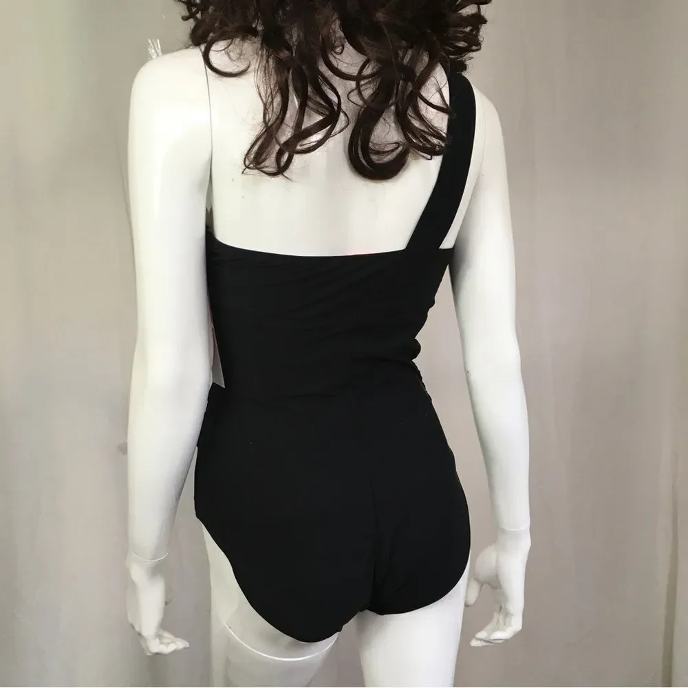 NEW SPANX Black Whittle Waistline Draped One Shoulder One Piece Swimsuit 10